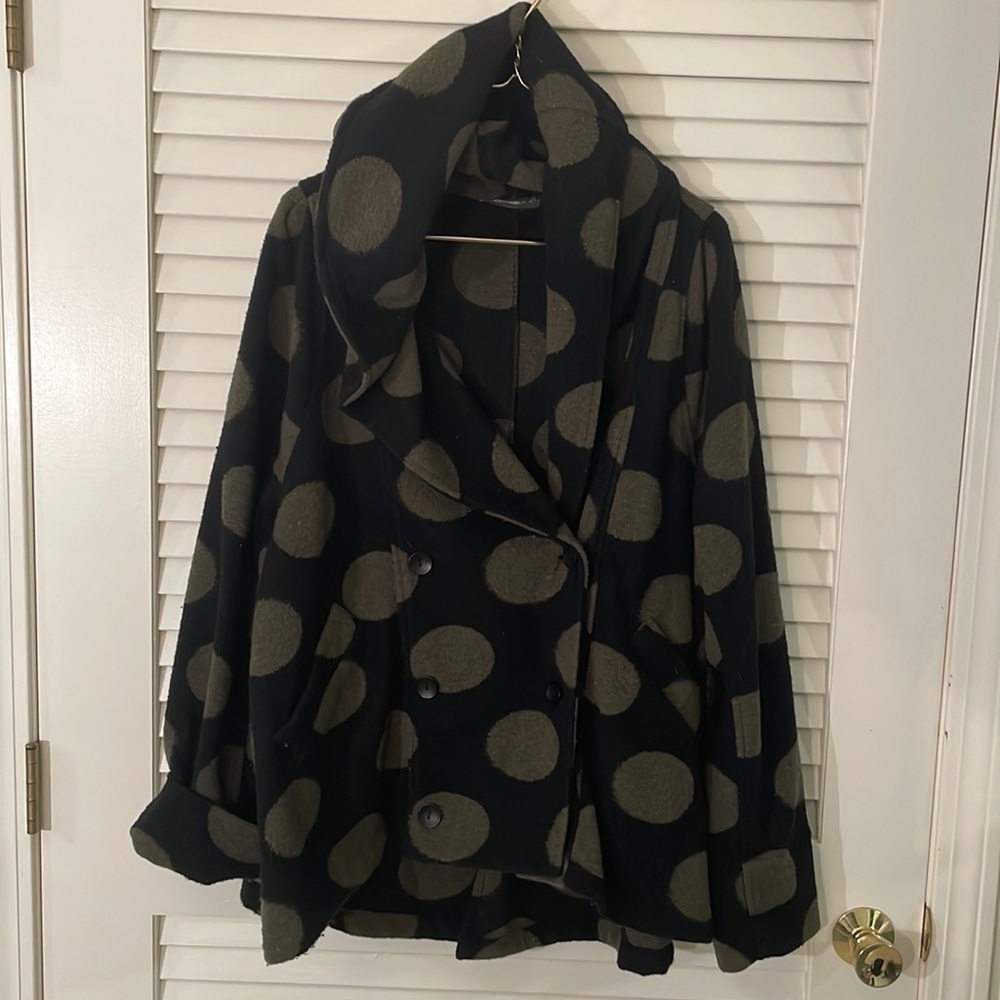 Alembika Black Khaki Green Large Polka Dot Swing Double Breasted Coat Jacket